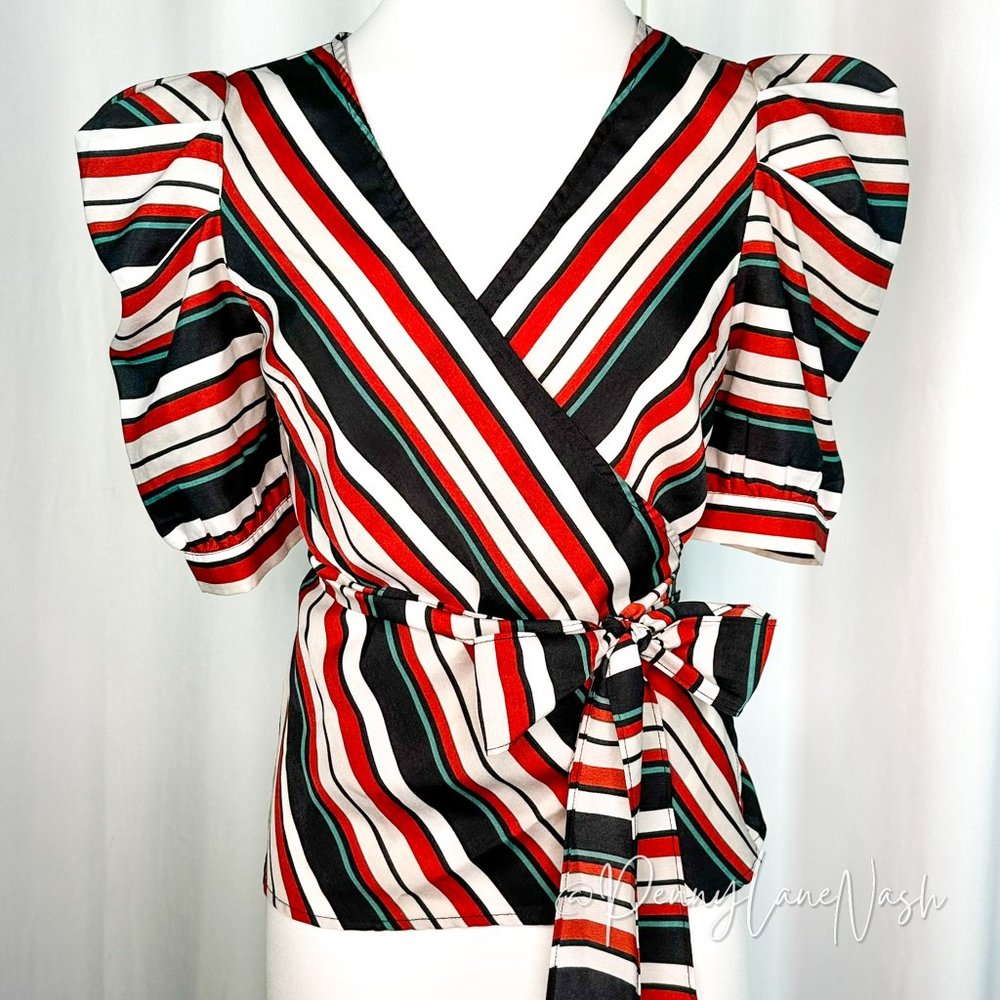 A Calin by Flying Tomato Puff Sleeve Striped Wrap Top - Picture 2 of 12